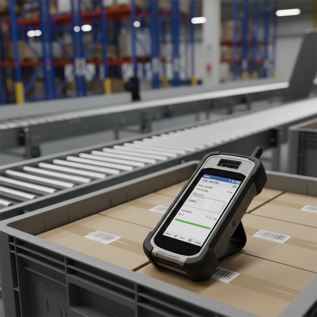 A warehouse with a smartphone and boxes on a conveyor belt, in the foreground, with racks of shelves in the background.