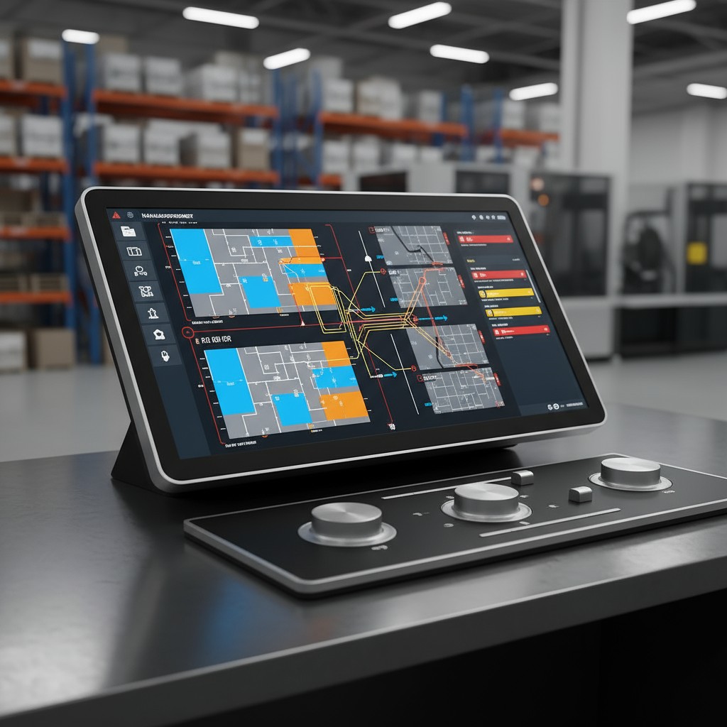 The image depicts a tablet with a screen displaying a warehouse management system on the desk, surrounded by various shelv...