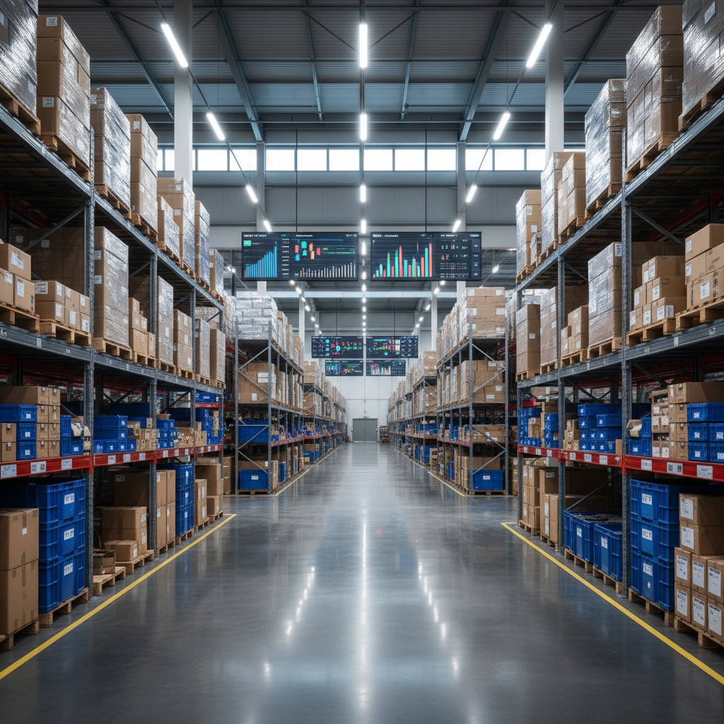 A large warehouse with rows of shelving stocked with boxes, featuring two large screens displaying graphs.