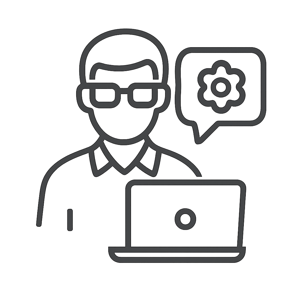 A simple, grayscale line drawing of a person with glasses(on a face), wearing a collared shirt with a laptop in front. The...